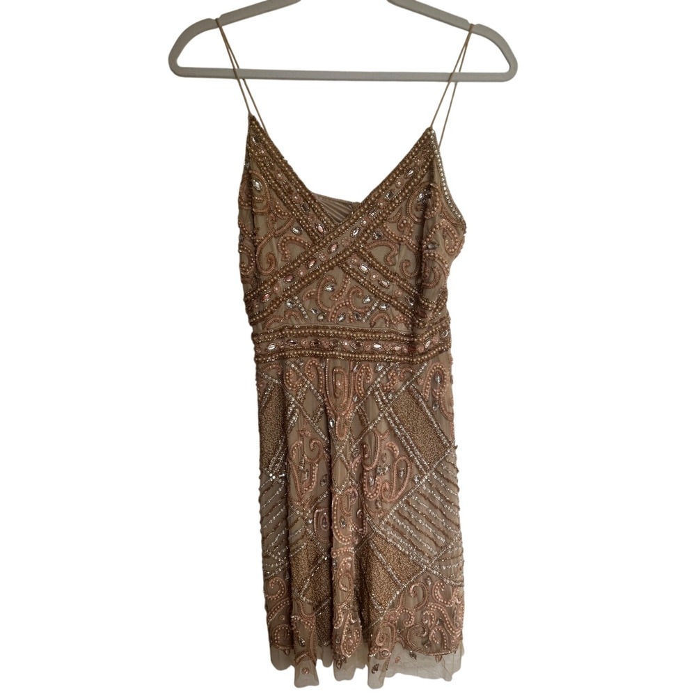 LARA Beaded Gatsby Cocktail Dress Womens 4 Champagne Gold V-Neck Mini Strap